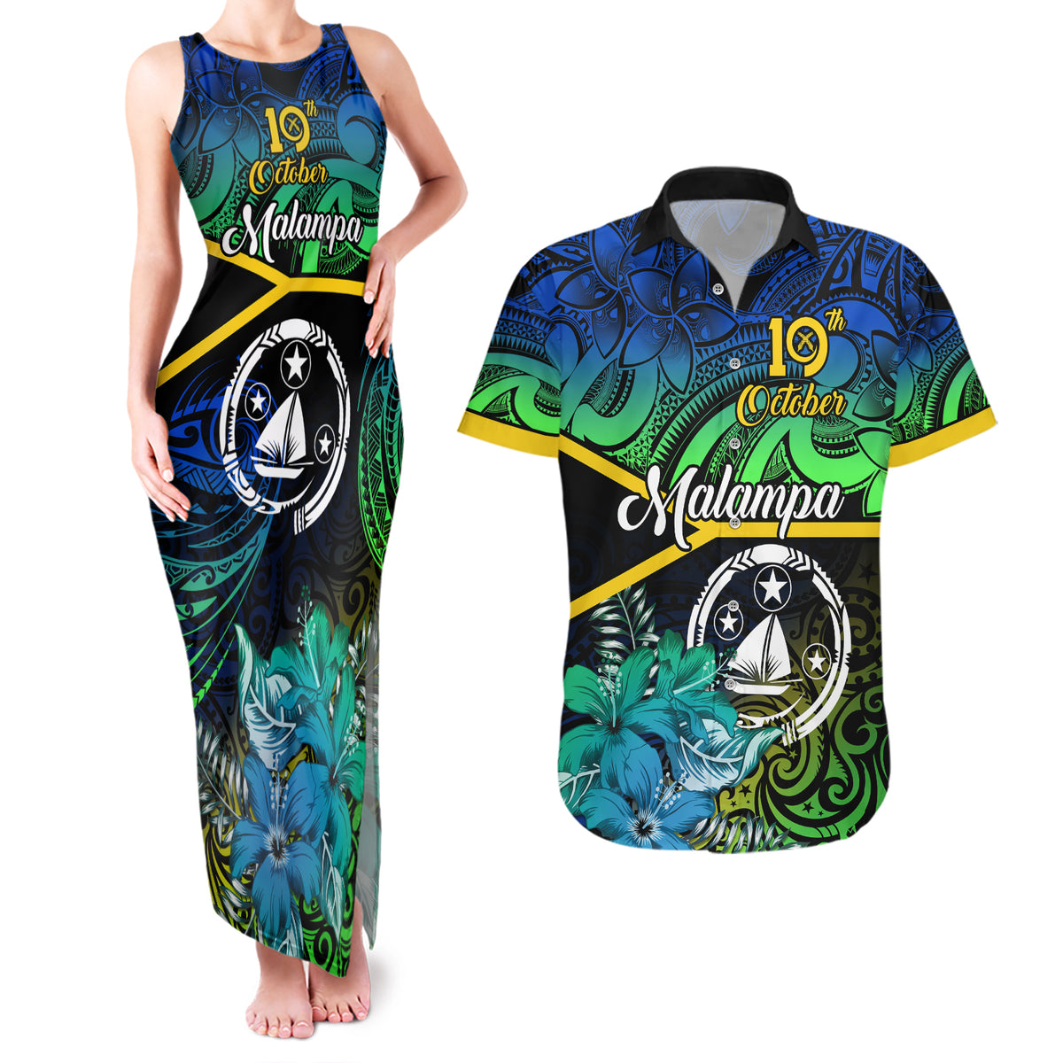 Malampa Day Couples Matching Tank Maxi Dress and Hawaiian Shirt Vanuatu Flowers with Malampa Emblem Tribal Pattern LT9 Black - Polynesian Pride