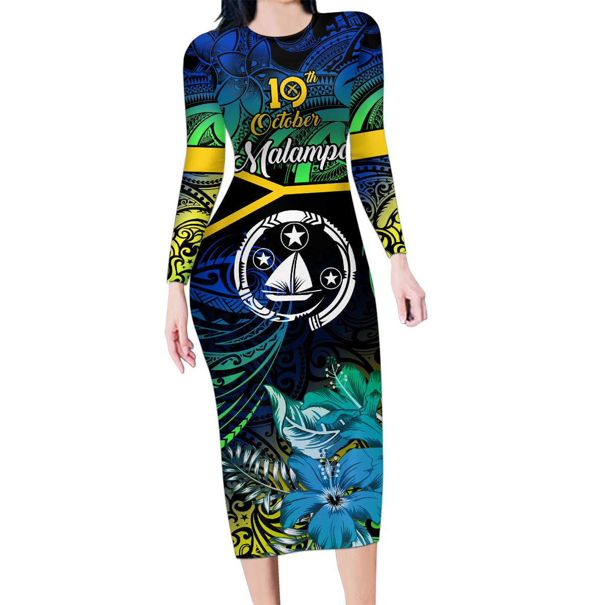 Malampa Day Family Matching Long Sleeve Bodycon Dress and Hawaiian Shirt Vanuatu Flowers with Malampa Emblem Tribal Pattern LT9 Mom's Dress Black - Polynesian Pride