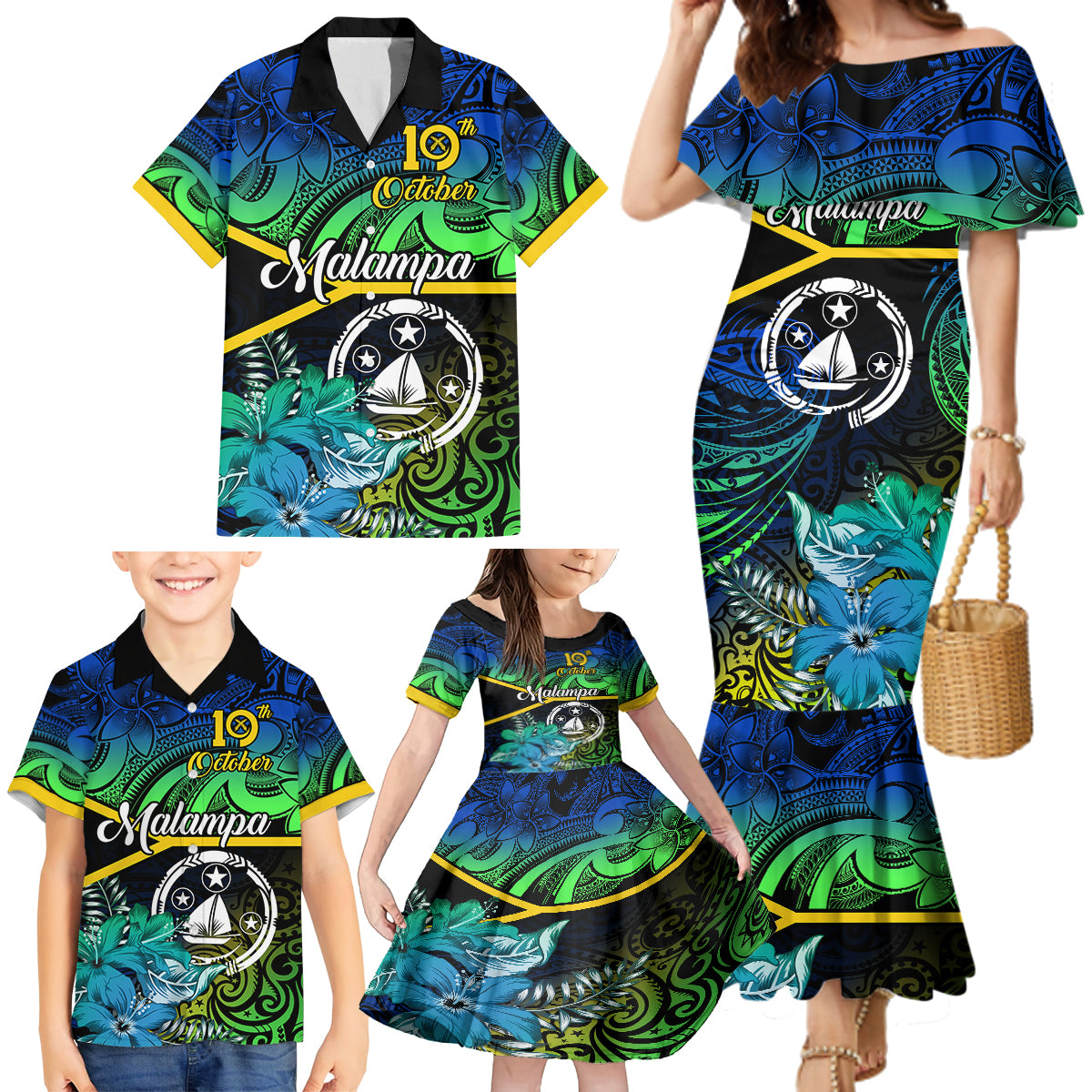 Malampa Day Family Matching Mermaid Dress and Hawaiian Shirt Vanuatu Flowers with Malampa Emblem Tribal Pattern LT9 - Polynesian Pride
