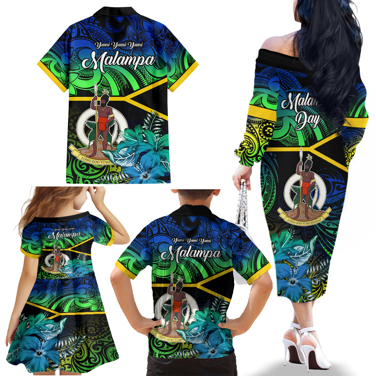 Malampa Day Family Matching Off Shoulder Long Sleeve Dress and Hawaiian Shirt Vanuatu Flowers with Malampa Emblem Tribal Pattern LT9 - Polynesian Pride