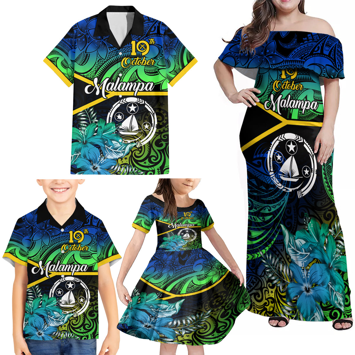 Malampa Day Family Matching Off Shoulder Maxi Dress and Hawaiian Shirt Vanuatu Flowers with Malampa Emblem Tribal Pattern LT9 - Polynesian Pride