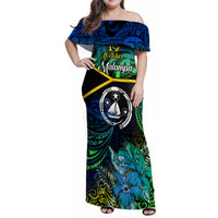 Malampa Day Family Matching Off Shoulder Maxi Dress and Hawaiian Shirt Vanuatu Flowers with Malampa Emblem Tribal Pattern LT9 Mom's Dress Black - Polynesian Pride