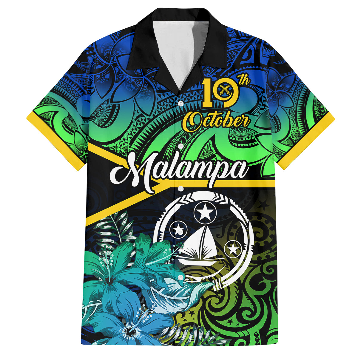 Malampa Day Family Matching Off Shoulder Short Dress and Hawaiian Shirt Vanuatu Flowers with Malampa Emblem Tribal Pattern LT9 Dad's Shirt - Short Sleeve Black - Polynesian Pride