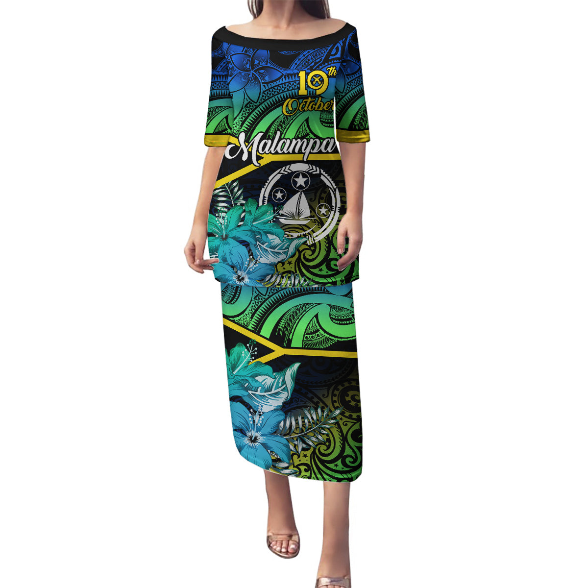 Malampa Day Family Matching Puletasi Dress and Hawaiian Shirt Vanuatu Flowers with Malampa Emblem Tribal Pattern LT9 Mom's Dress Black - Polynesian Pride