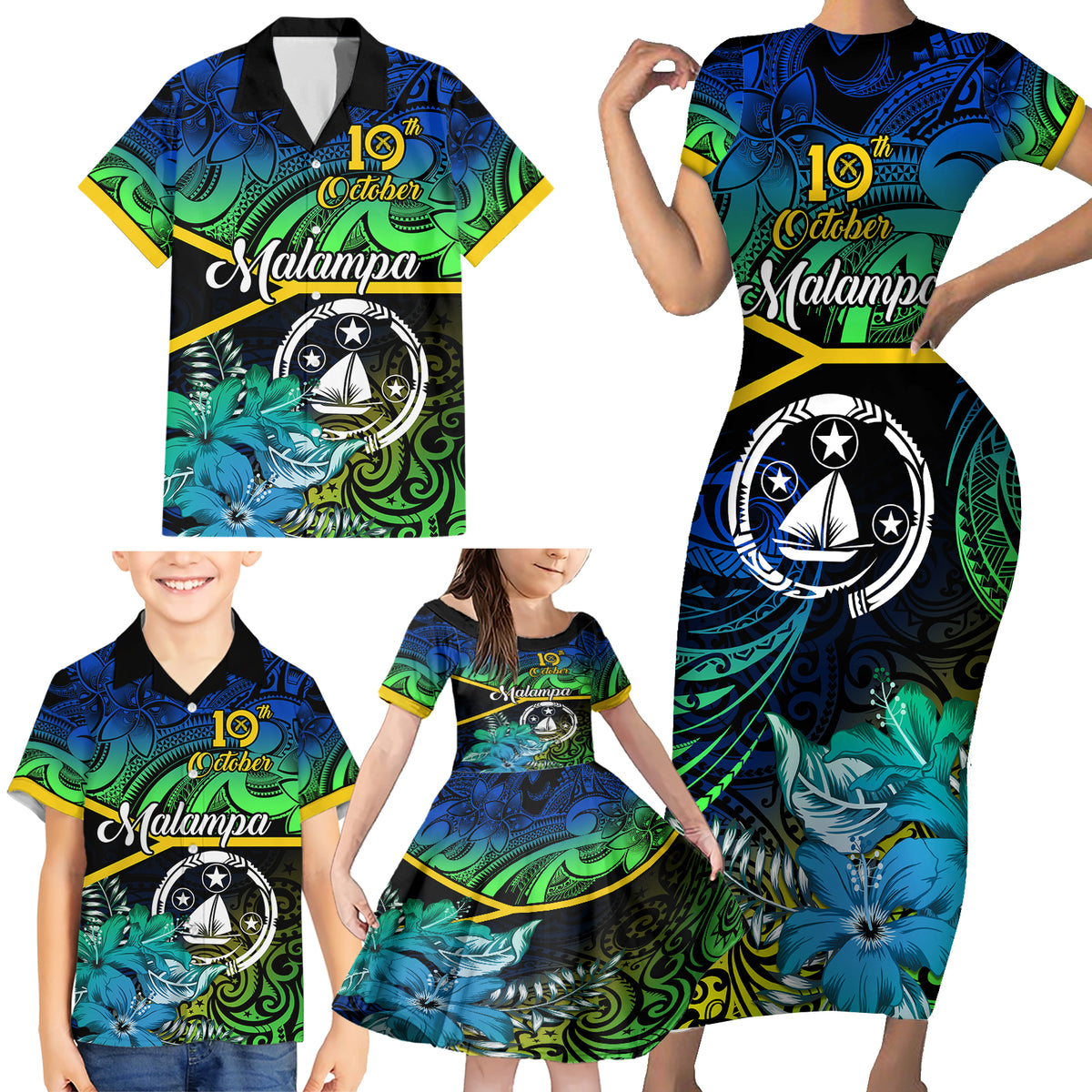 Malampa Day Family Matching Short Sleeve Bodycon Dress and Hawaiian Shirt Vanuatu Flowers with Malampa Emblem Tribal Pattern LT9 - Polynesian Pride
