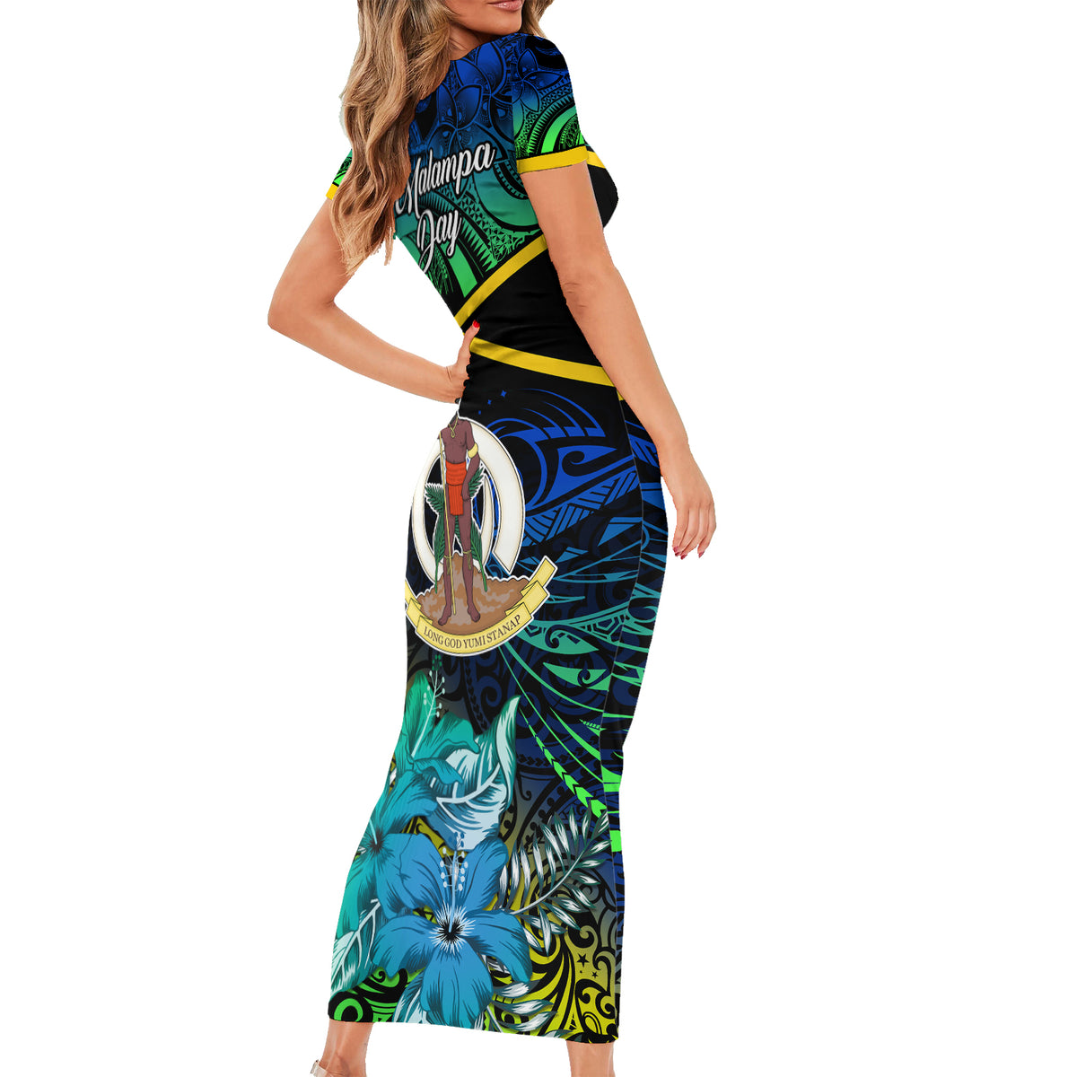 Malampa Day Family Matching Short Sleeve Bodycon Dress and Hawaiian Shirt Vanuatu Flowers with Malampa Emblem Tribal Pattern LT9 - Polynesian Pride