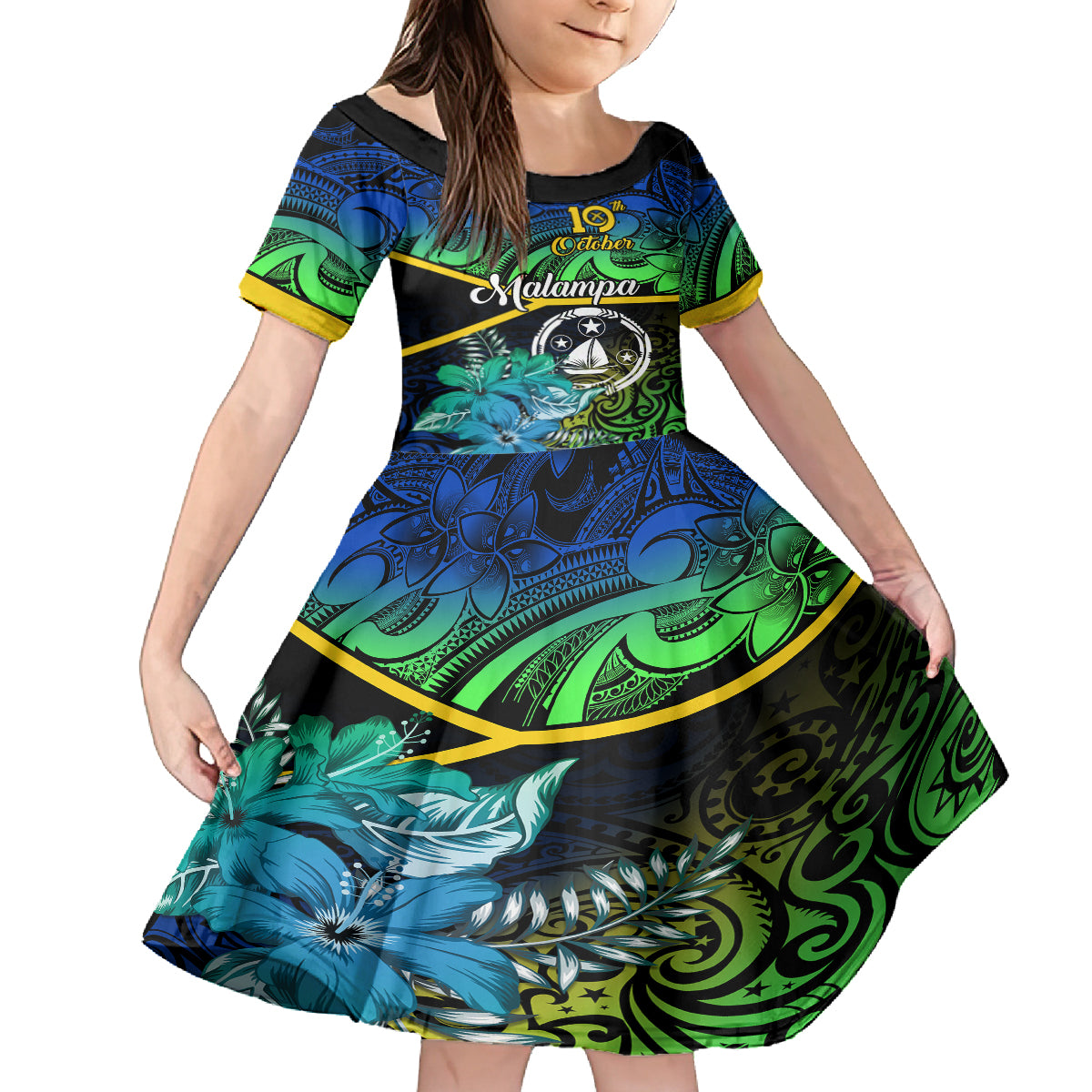 Malampa Day Family Matching Summer Maxi Dress and Hawaiian Shirt Vanuatu Flowers with Malampa Emblem Tribal Pattern LT9 Daughter's Dress Black - Polynesian Pride