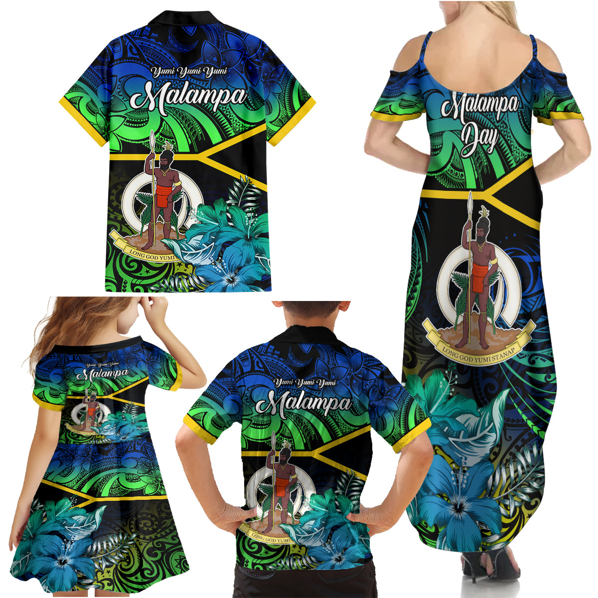 Malampa Day Family Matching Summer Maxi Dress and Hawaiian Shirt Vanuatu Flowers with Malampa Emblem Tribal Pattern LT9 - Polynesian Pride