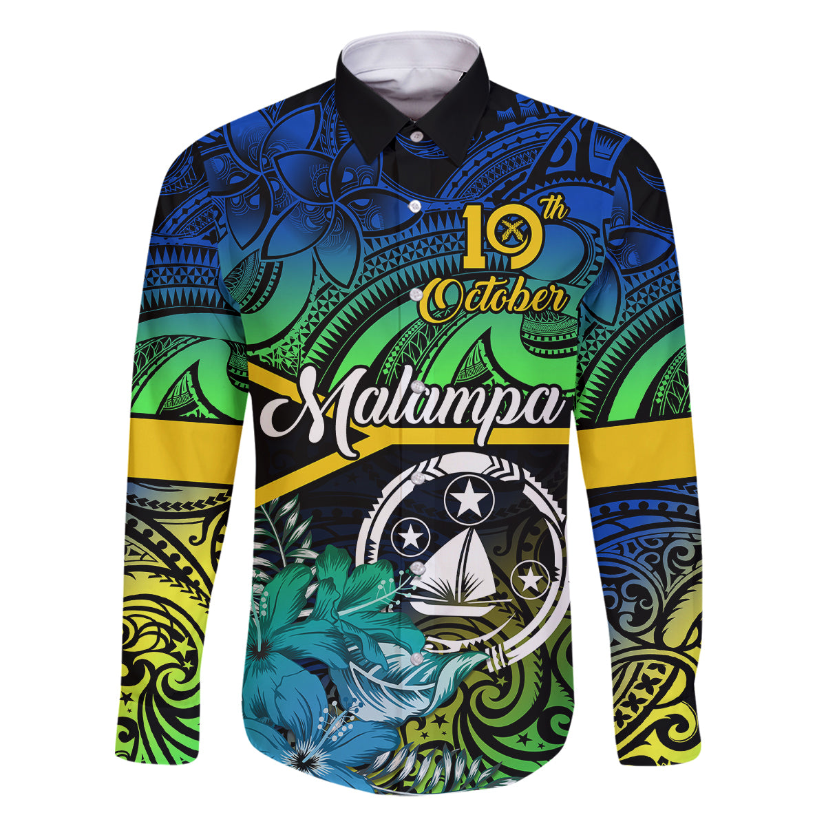 Malampa Day Family Matching Summer Maxi Dress and Hawaiian Shirt Vanuatu Flowers with Malampa Emblem Tribal Pattern LT9 Dad's Shirt - Long Sleeve Black - Polynesian Pride