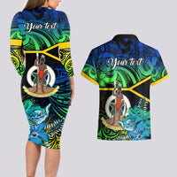 Personalised Malampa Day Couples Matching Long Sleeve Bodycon Dress and Hawaiian Shirt Vanuatu Flowers with Malampa Emblem Tribal Pattern LT9 - Polynesian Pride