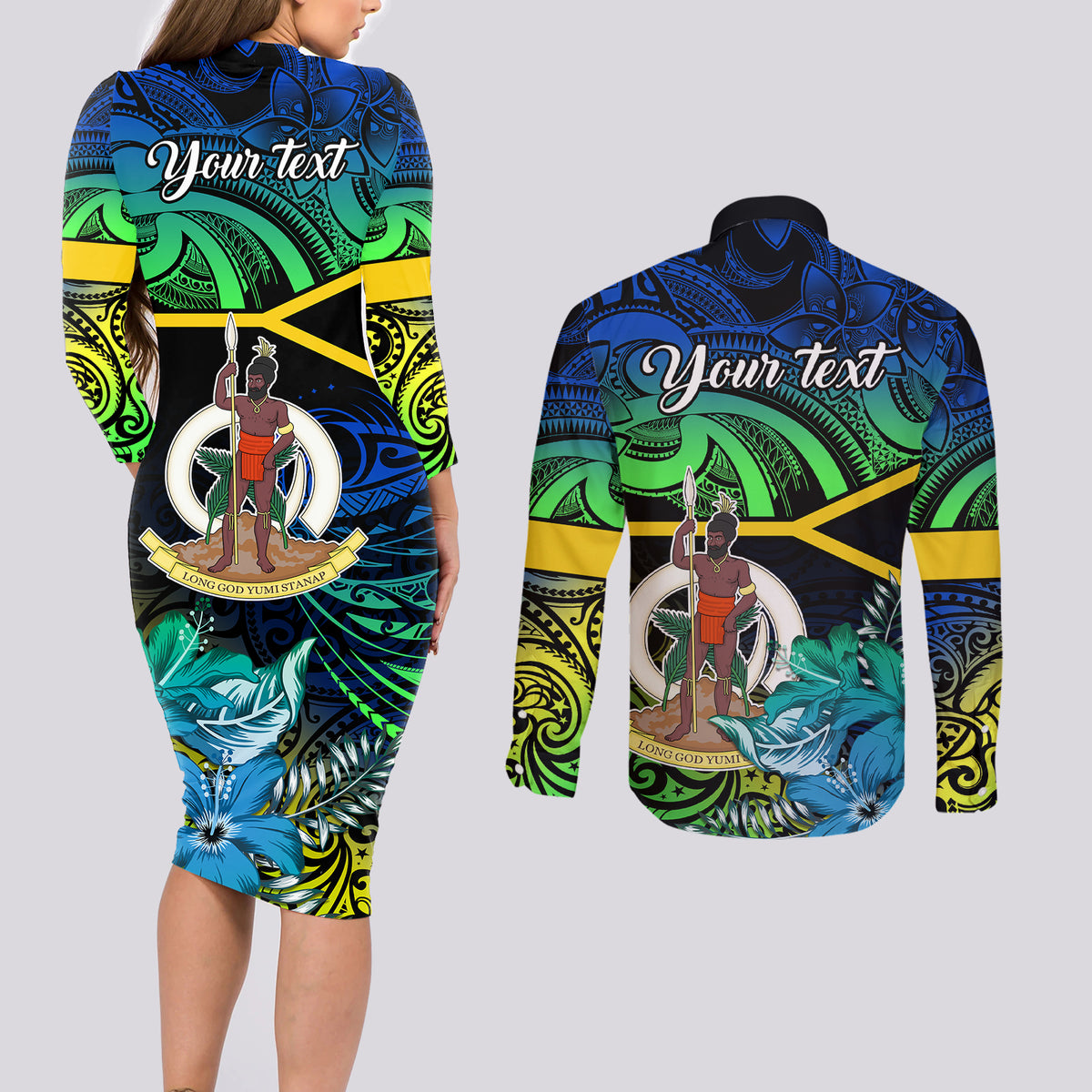 Personalised Malampa Day Couples Matching Long Sleeve Bodycon Dress and Long Sleeve Button Shirts Vanuatu Flowers with Malampa Emblem Tribal Pattern LT9 - Polynesian Pride