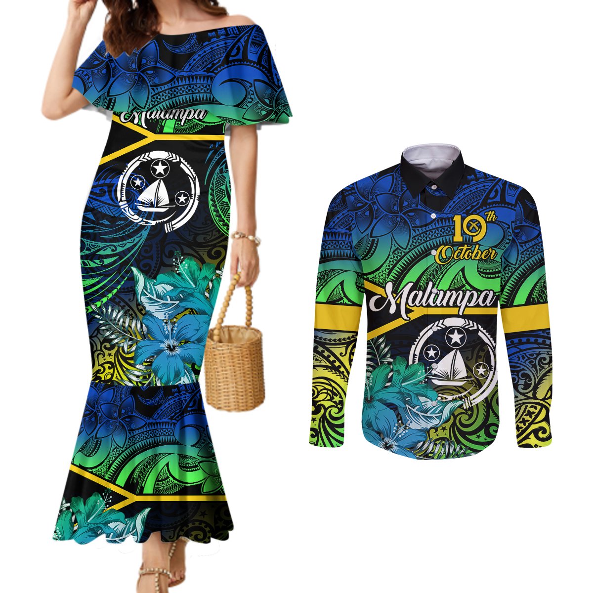 Personalised Malampa Day Couples Matching Mermaid Dress and Long Sleeve Button Shirts Vanuatu Flowers with Malampa Emblem Tribal Pattern LT9 Black - Polynesian Pride
