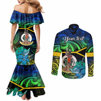 Personalised Malampa Day Couples Matching Mermaid Dress and Long Sleeve Button Shirts Vanuatu Flowers with Malampa Emblem Tribal Pattern LT9 - Polynesian Pride