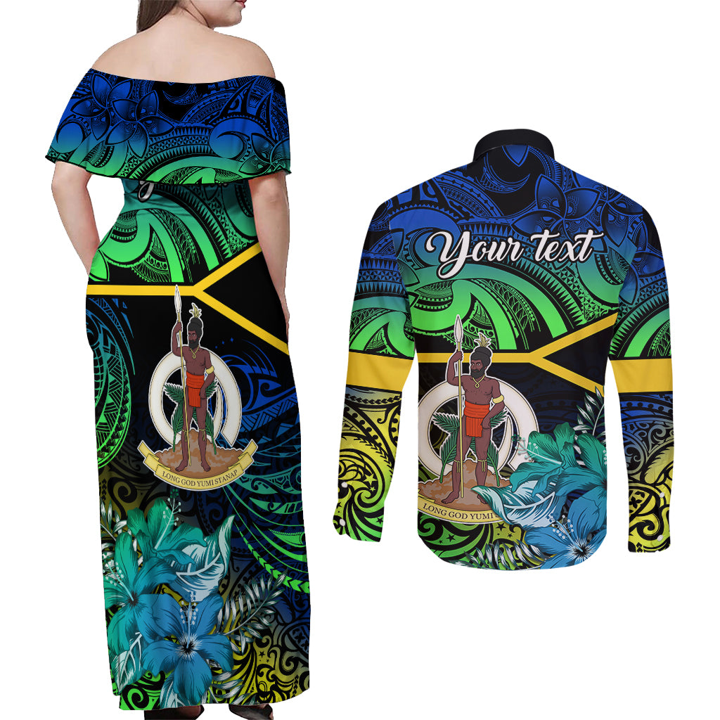 Personalised Malampa Day Couples Matching Off Shoulder Maxi Dress and Long Sleeve Button Shirts Vanuatu Flowers with Malampa Emblem Tribal Pattern LT9 - Polynesian Pride