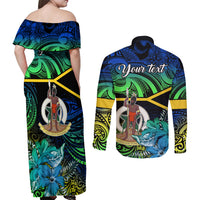 Personalised Malampa Day Couples Matching Off Shoulder Maxi Dress and Long Sleeve Button Shirts Vanuatu Flowers with Malampa Emblem Tribal Pattern LT9 - Polynesian Pride