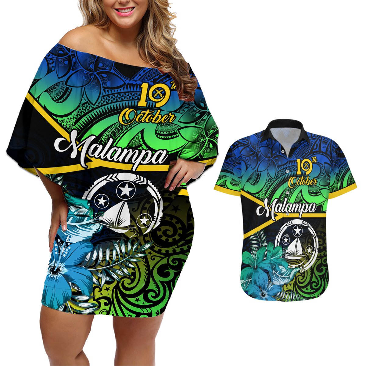 Personalised Malampa Day Couples Matching Off Shoulder Short Dress and Hawaiian Shirt Vanuatu Flowers with Malampa Emblem Tribal Pattern LT9 Black - Polynesian Pride