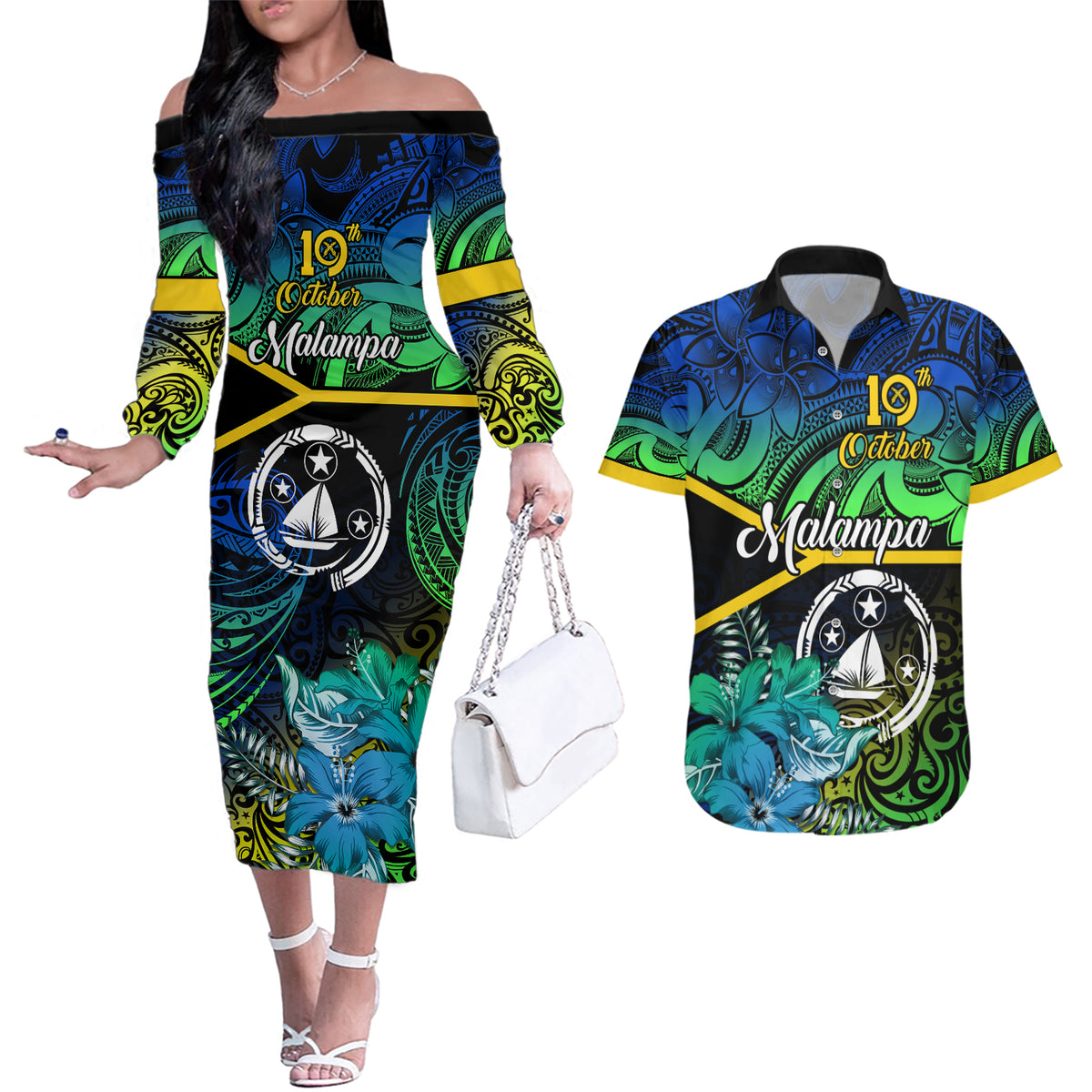 Personalised Malampa Day Couples Matching Off The Shoulder Long Sleeve Dress and Hawaiian Shirt Vanuatu Flowers with Malampa Emblem Tribal Pattern LT9 Black - Polynesian Pride