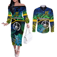 Personalised Malampa Day Couples Matching Off The Shoulder Long Sleeve Dress and Long Sleeve Button Shirts Vanuatu Flowers with Malampa Emblem Tribal Pattern LT9 Black - Polynesian Pride