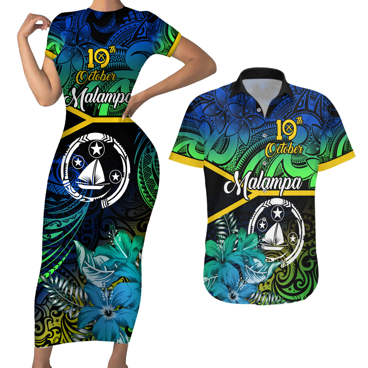 Personalised Malampa Day Couples Matching Short Sleeve Bodycon Dress and Hawaiian Shirt Vanuatu Flowers with Malampa Emblem Tribal Pattern LT9 Black - Polynesian Pride