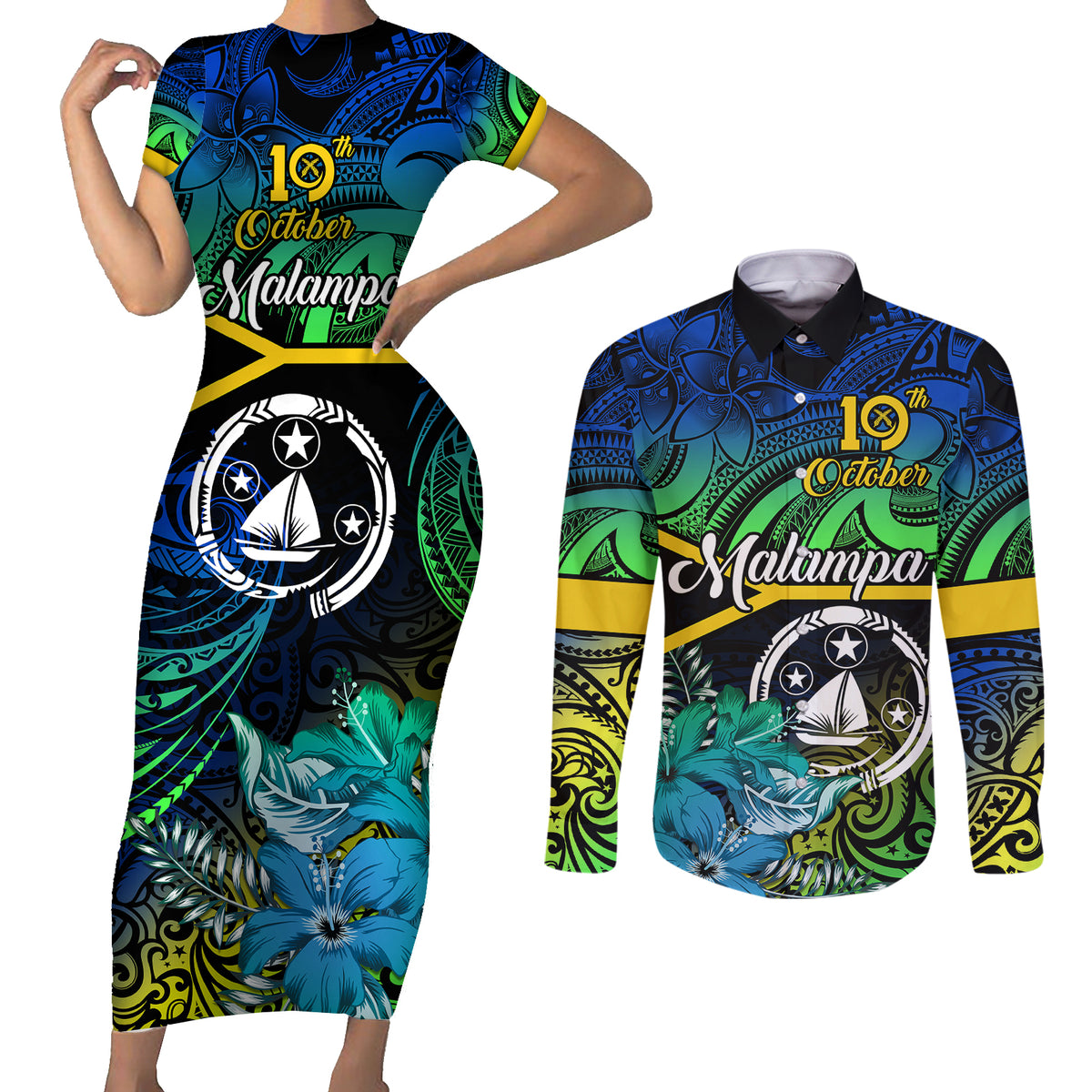 Personalised Malampa Day Couples Matching Short Sleeve Bodycon Dress and Long Sleeve Button Shirts Vanuatu Flowers with Malampa Emblem Tribal Pattern LT9 Black - Polynesian Pride