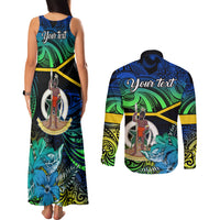 Personalised Malampa Day Couples Matching Tank Maxi Dress and Long Sleeve Button Shirts Vanuatu Flowers with Malampa Emblem Tribal Pattern LT9 - Polynesian Pride