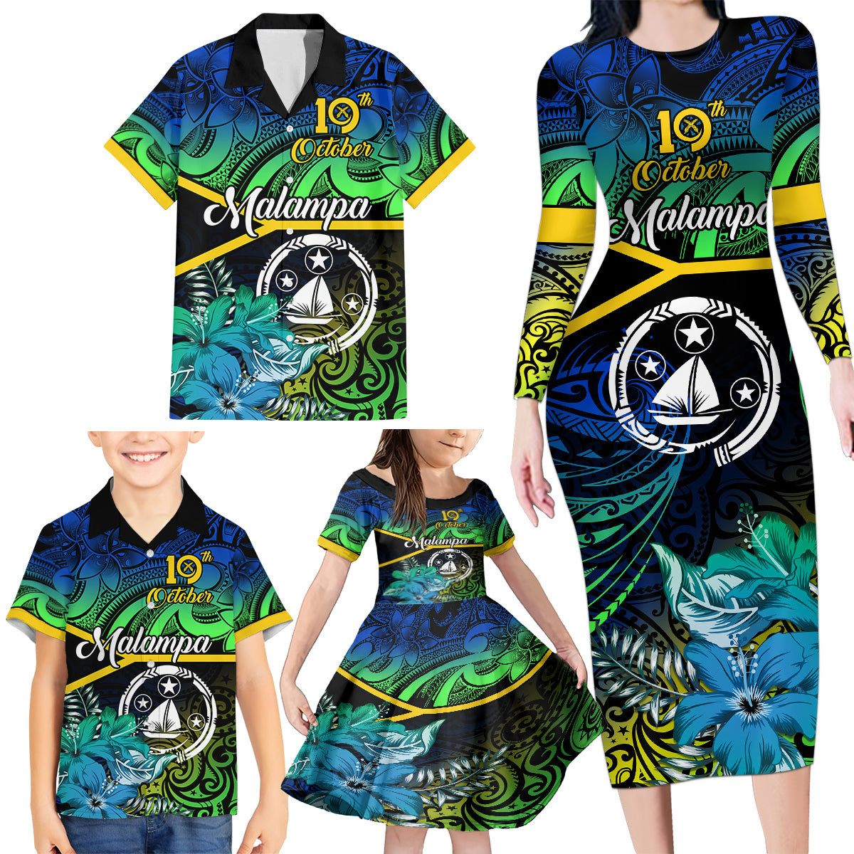 Personalised Malampa Day Family Matching Long Sleeve Bodycon Dress and Hawaiian Shirt Vanuatu Flowers with Malampa Emblem Tribal Pattern LT9 - Polynesian Pride