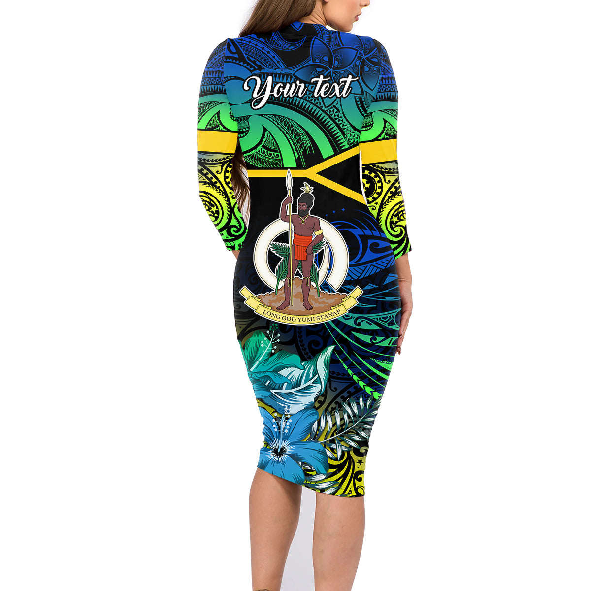 Personalised Malampa Day Family Matching Long Sleeve Bodycon Dress and Hawaiian Shirt Vanuatu Flowers with Malampa Emblem Tribal Pattern LT9 - Polynesian Pride