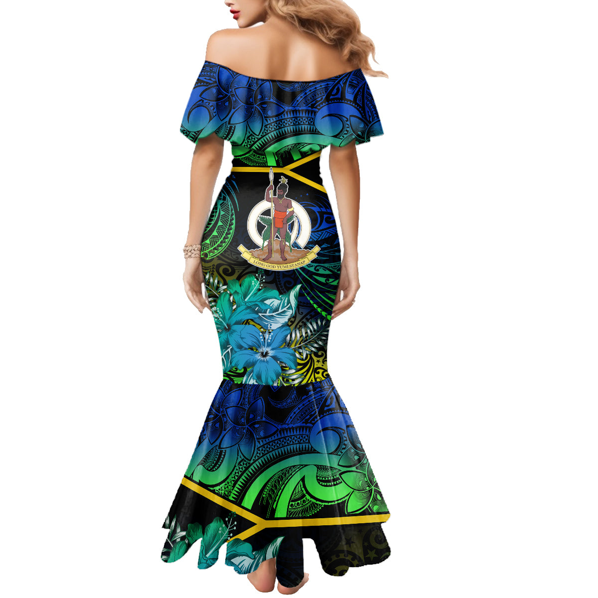 Personalised Malampa Day Family Matching Mermaid Dress and Hawaiian Shirt Vanuatu Flowers with Malampa Emblem Tribal Pattern LT9 - Polynesian Pride