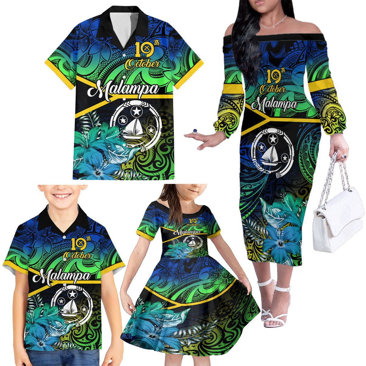 Personalised Malampa Day Family Matching Off Shoulder Long Sleeve Dress and Hawaiian Shirt Vanuatu Flowers with Malampa Emblem Tribal Pattern LT9 - Polynesian Pride