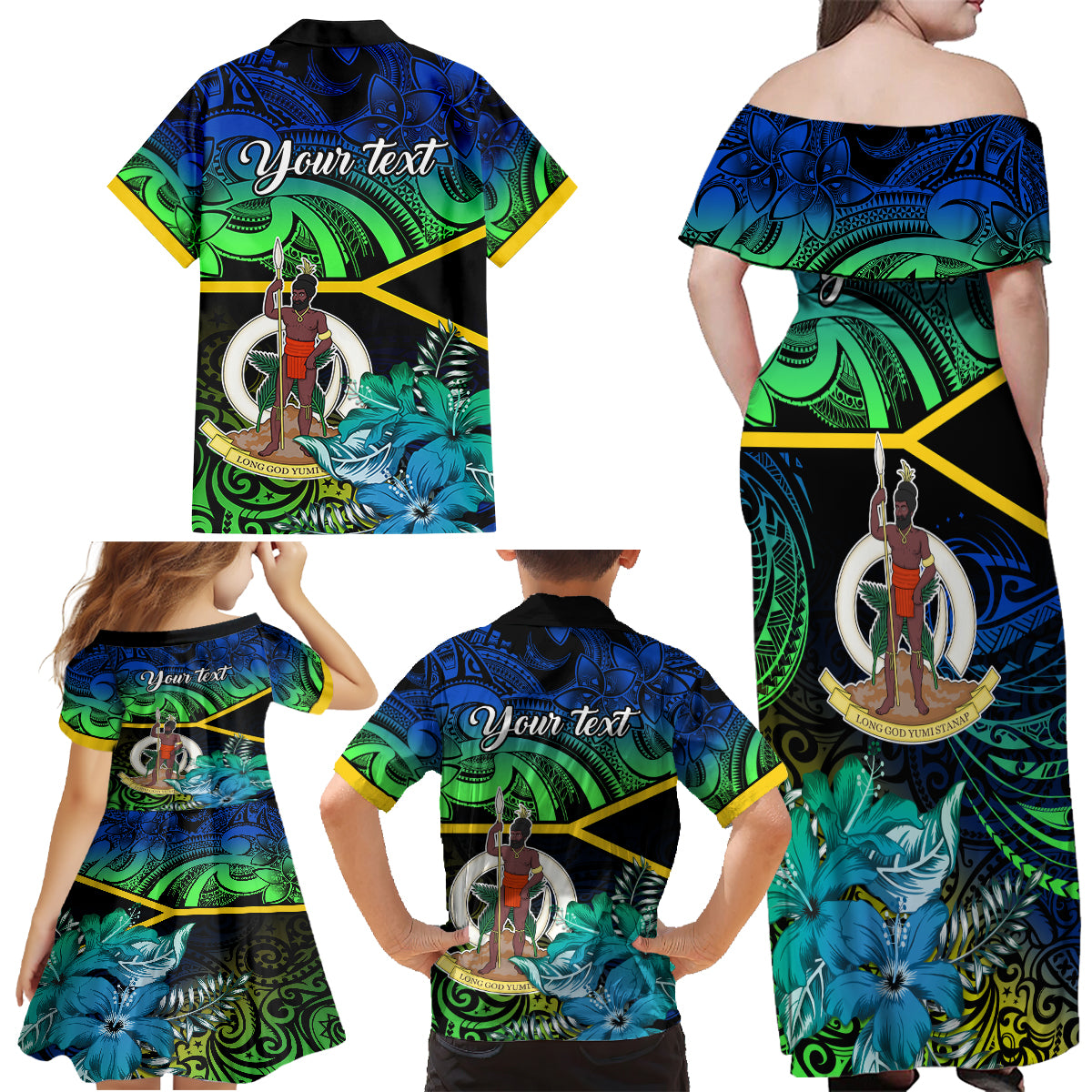 Personalised Malampa Day Family Matching Off Shoulder Maxi Dress and Hawaiian Shirt Vanuatu Flowers with Malampa Emblem Tribal Pattern LT9 - Polynesian Pride