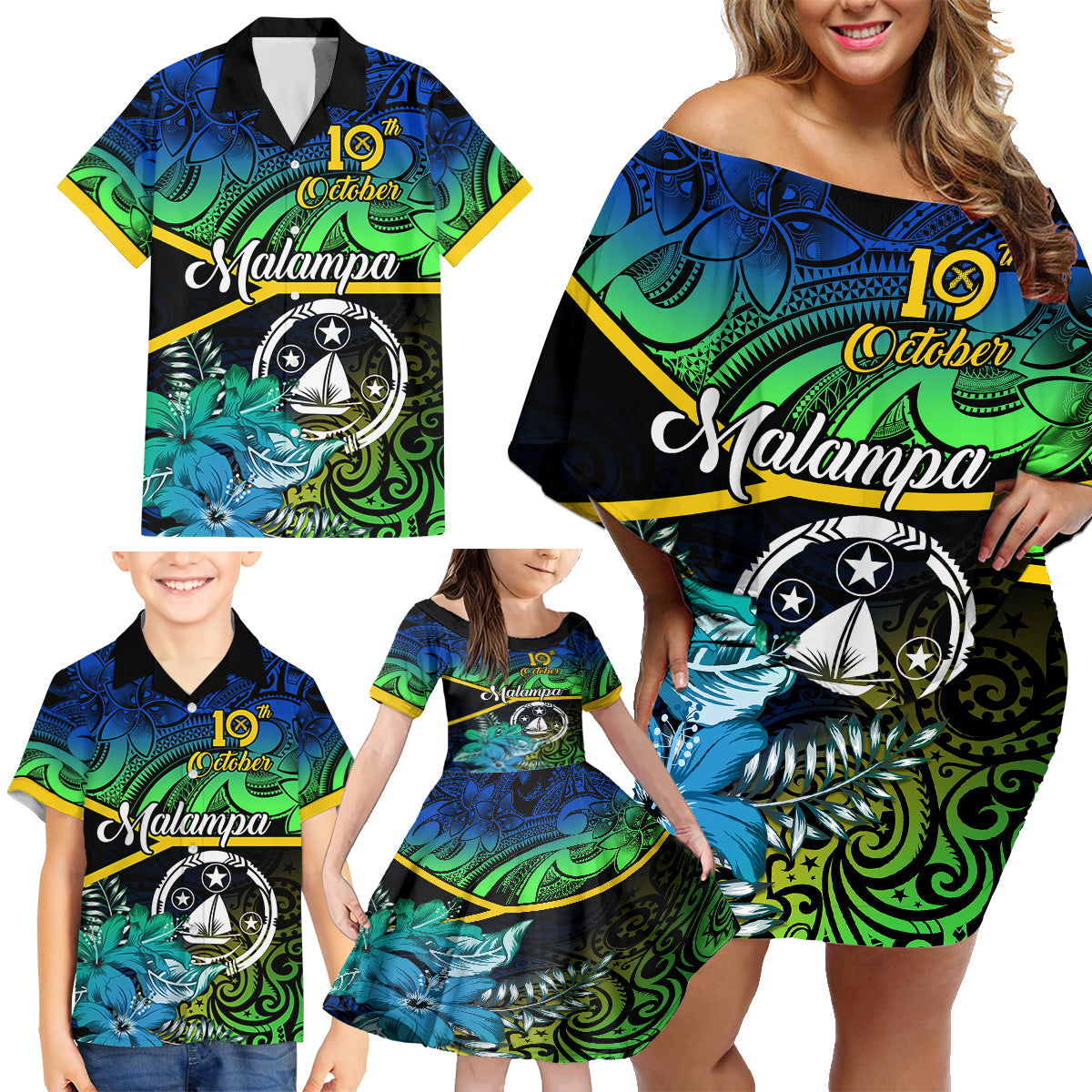 Personalised Malampa Day Family Matching Off Shoulder Short Dress and Hawaiian Shirt Vanuatu Flowers with Malampa Emblem Tribal Pattern LT9 - Polynesian Pride