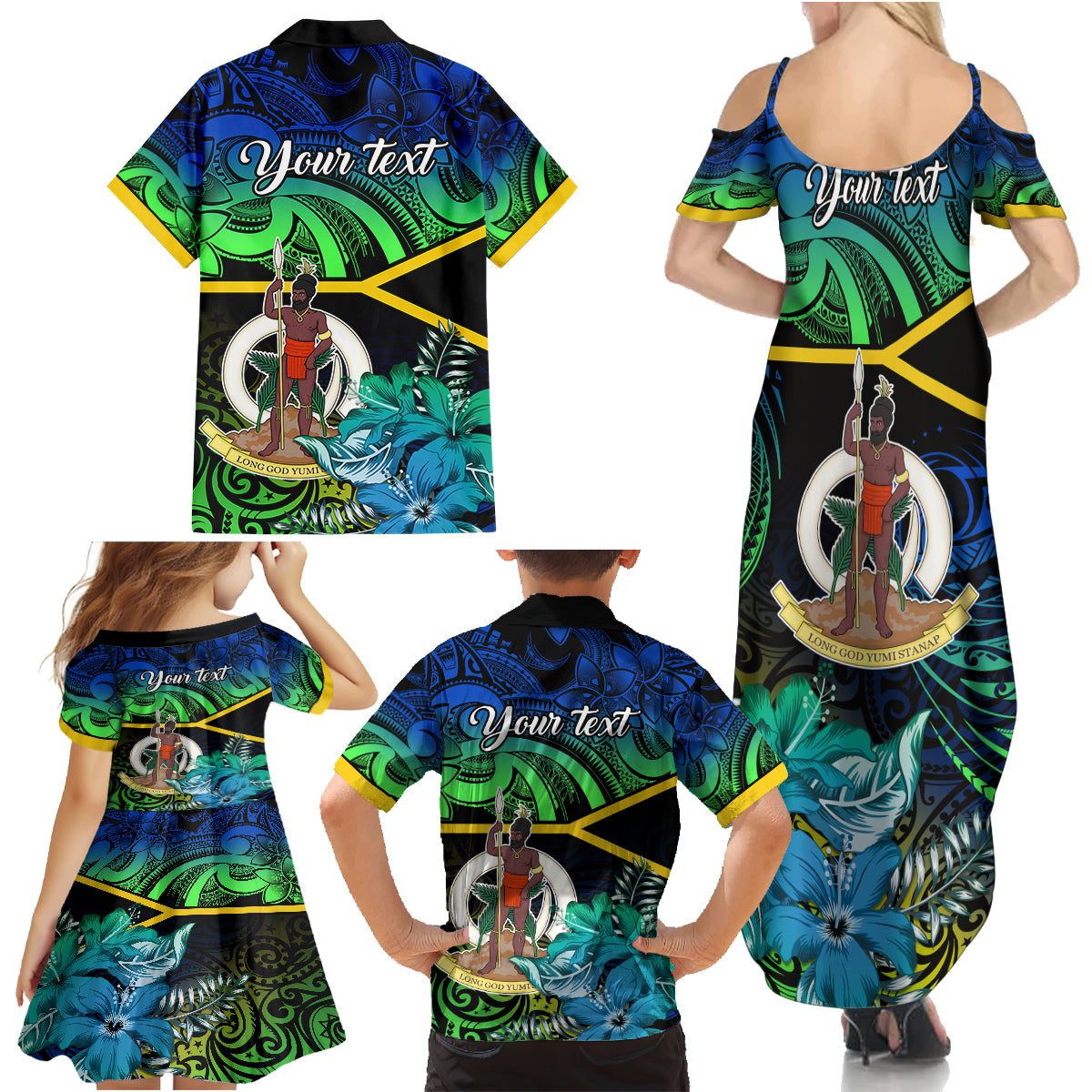 Personalised Malampa Day Family Matching Summer Maxi Dress and Hawaiian Shirt Vanuatu Flowers with Malampa Emblem Tribal Pattern LT9 - Polynesian Pride
