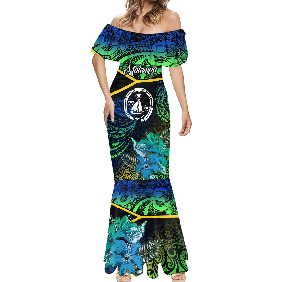 personalised-malampa-day-mermaid-dress-vanuatu-flowers-with-malampa-emblem-tribal-pattern