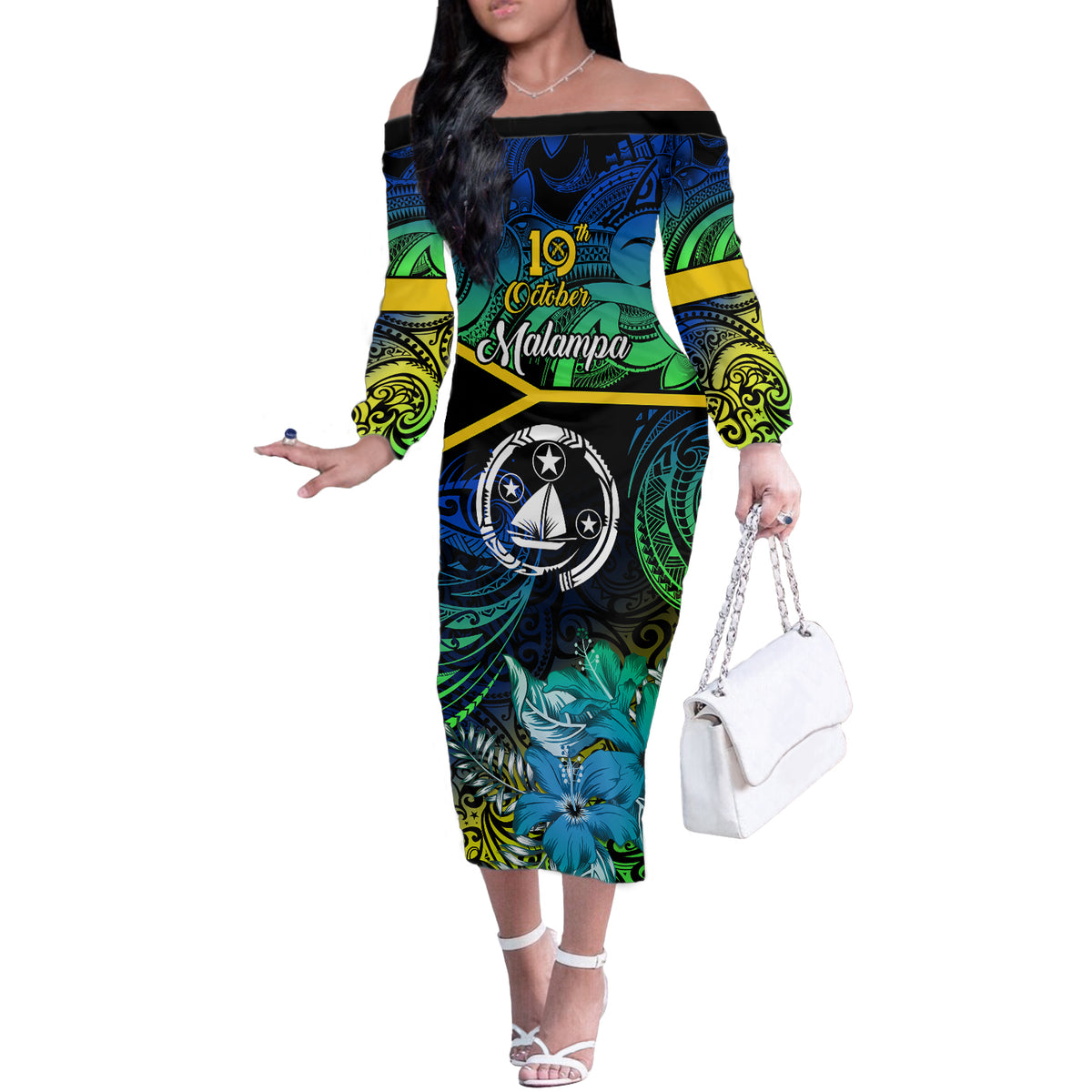 Personalised Malampa Day Off The Shoulder Long Sleeve Dress Vanuatu Flowers with Malampa Emblem Tribal Pattern LT9 Women Black - Polynesian Pride