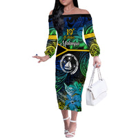 Personalised Malampa Day Off The Shoulder Long Sleeve Dress Vanuatu Flowers with Malampa Emblem Tribal Pattern LT9 Women Black - Polynesian Pride