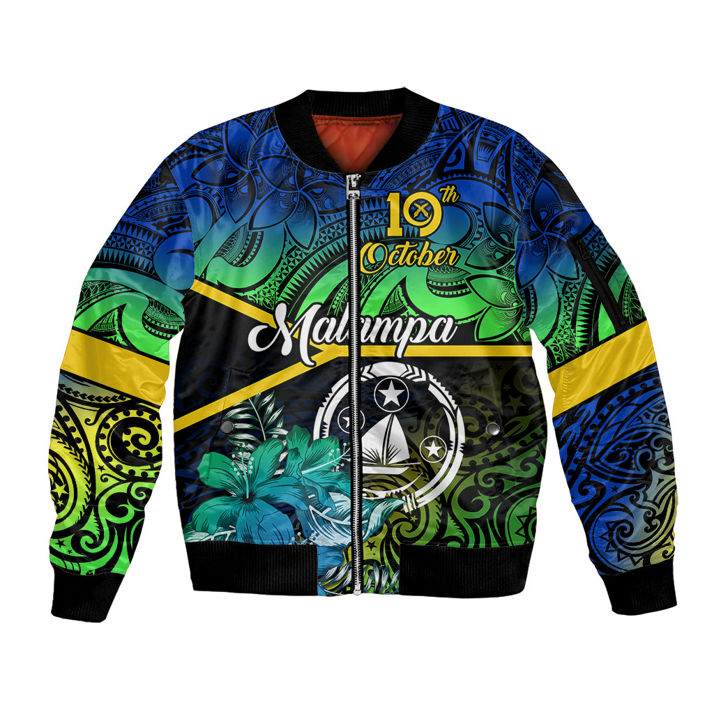 Personalised Malampa Day Sleeve Zip Bomber Jacket Vanuatu Flowers with Malampa Emblem Tribal Pattern LT9 Unisex Black - Polynesian Pride