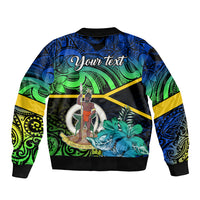 Personalised Malampa Day Sleeve Zip Bomber Jacket Vanuatu Flowers with Malampa Emblem Tribal Pattern LT9 - Polynesian Pride