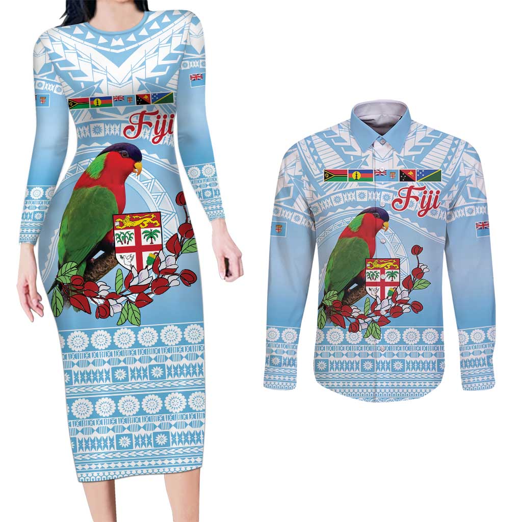 Melanesian Fiji Kula Bird Couples Matching Long Sleeve Bodycon Dress and Long Sleeve Button Shirt with Tagimoucia Masi Tapa Pattern LT9 Blue - Polynesian Pride