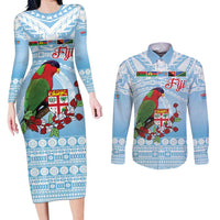 Melanesian Fiji Kula Bird Couples Matching Long Sleeve Bodycon Dress and Long Sleeve Button Shirt with Tagimoucia Masi Tapa Pattern LT9 Blue - Polynesian Pride