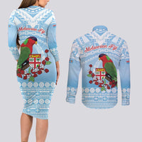 Melanesian Fiji Kula Bird Couples Matching Long Sleeve Bodycon Dress and Long Sleeve Button Shirt with Tagimoucia Masi Tapa Pattern LT9 - Polynesian Pride