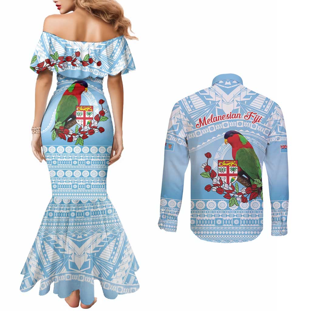 Melanesian Fiji Kula Bird Couples Matching Mermaid Dress and Long Sleeve Button Shirt with Tagimoucia Masi Tapa Pattern LT9 - Polynesian Pride