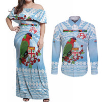Melanesian Fiji Kula Bird Couples Matching Off Shoulder Maxi Dress and Long Sleeve Button Shirt with Tagimoucia Masi Tapa Pattern LT9 Blue - Polynesian Pride