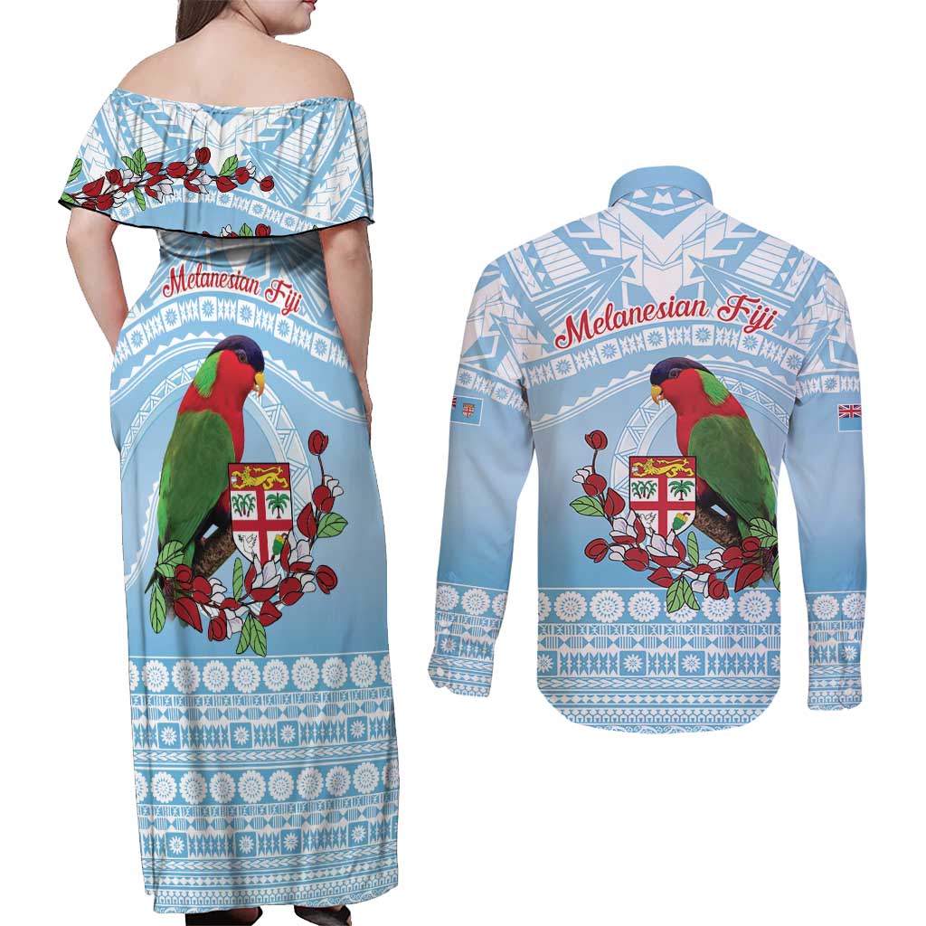 Melanesian Fiji Kula Bird Couples Matching Off Shoulder Maxi Dress and Long Sleeve Button Shirt with Tagimoucia Masi Tapa Pattern LT9 - Polynesian Pride