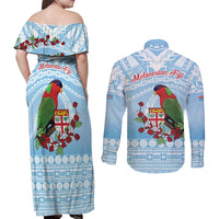 Melanesian Fiji Kula Bird Couples Matching Off Shoulder Maxi Dress and Long Sleeve Button Shirt with Tagimoucia Masi Tapa Pattern LT9 - Polynesian Pride
