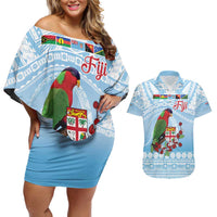 Melanesian Fiji Kula Bird Couples Matching Off Shoulder Short Dress and Hawaiian Shirt with Tagimoucia Masi Tapa Pattern LT9 Blue - Polynesian Pride