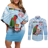 Melanesian Fiji Kula Bird Couples Matching Off Shoulder Short Dress and Long Sleeve Button Shirt with Tagimoucia Masi Tapa Pattern LT9 Blue - Polynesian Pride