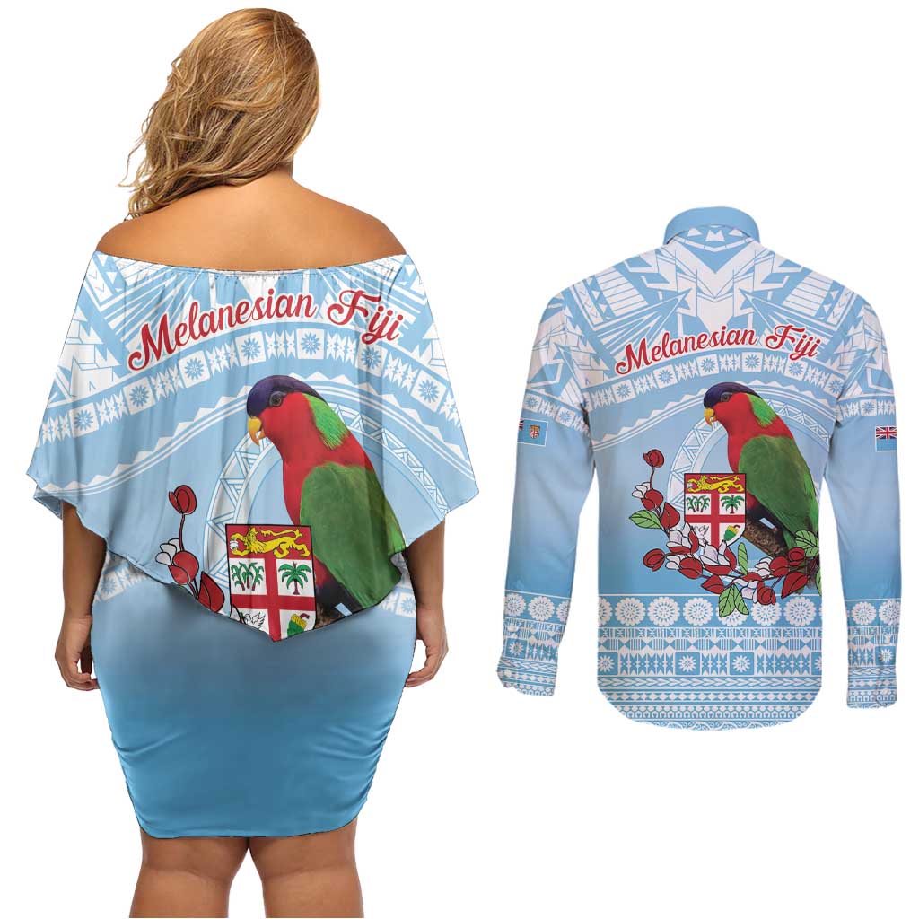 Melanesian Fiji Kula Bird Couples Matching Off Shoulder Short Dress and Long Sleeve Button Shirt with Tagimoucia Masi Tapa Pattern LT9 - Polynesian Pride