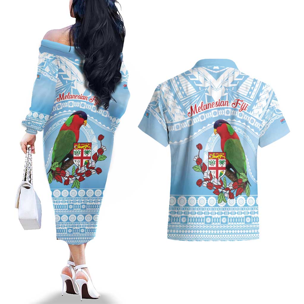Melanesian Fiji Kula Bird Couples Matching Off The Shoulder Long Sleeve Dress and Hawaiian Shirt with Tagimoucia Masi Tapa Pattern LT9 - Polynesian Pride