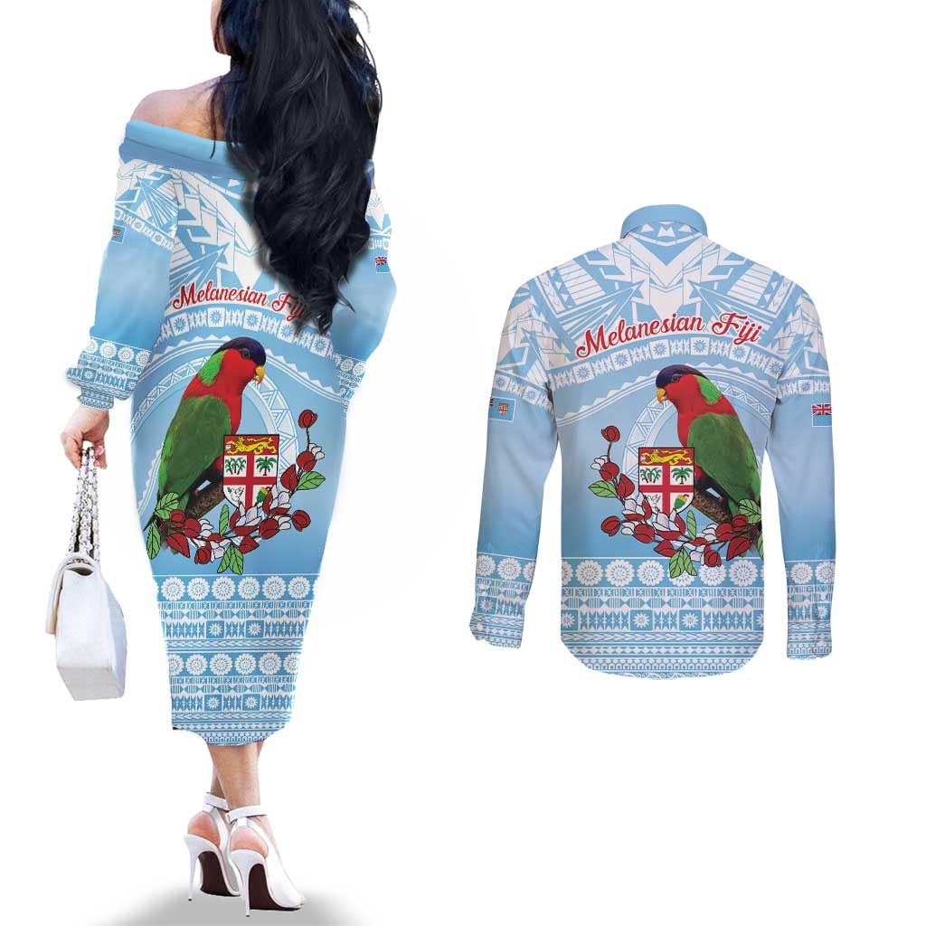Melanesian Fiji Kula Bird Couples Matching Off The Shoulder Long Sleeve Dress and Long Sleeve Button Shirt with Tagimoucia Masi Tapa Pattern LT9 - Polynesian Pride