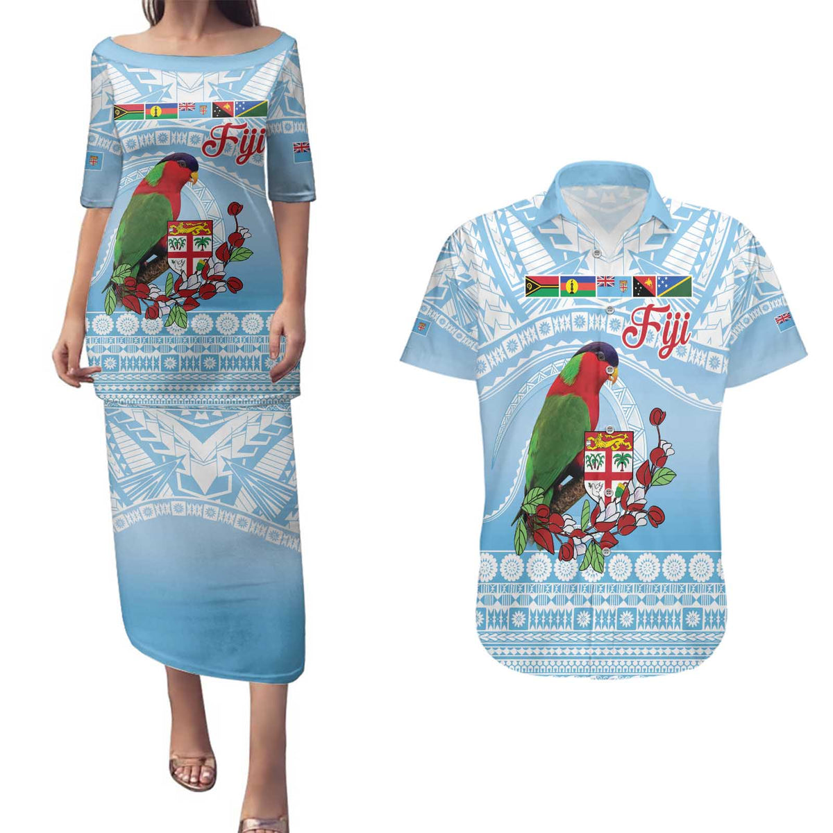 Melanesian Fiji Kula Bird Couples Matching Puletasi and Hawaiian Shirt with Tagimoucia Masi Tapa Pattern LT9 Blue - Polynesian Pride